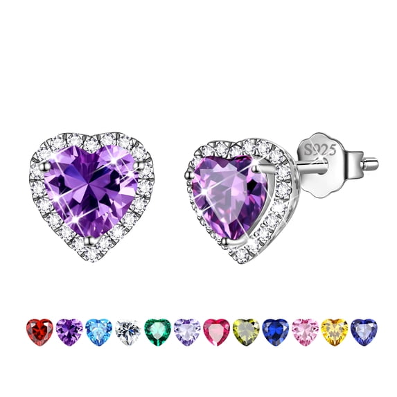 Purple Heart Earrings Women February Birthstone Earrings Amethyst CZ 925 Sterling Silver Stud Earrings Crystal Jewelry Birthday Mother's Day Gift