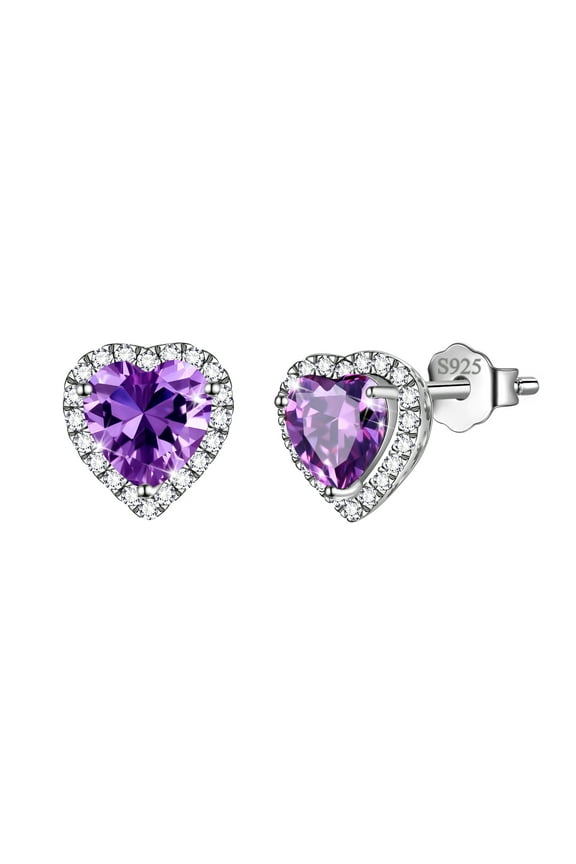 Purple Heart Earrings Women February Birthstone Earrings Amethyst CZ 925 Sterling Silver Stud Earrings Crystal Jewelry Birthday Mother's Day Gift