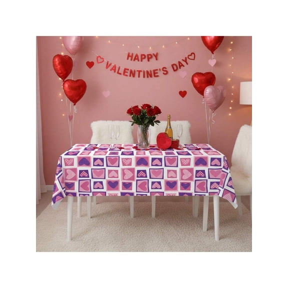 Purple Heart Grid Pattern Valentines Day Tablecloth For Romantic Dinner Decoration