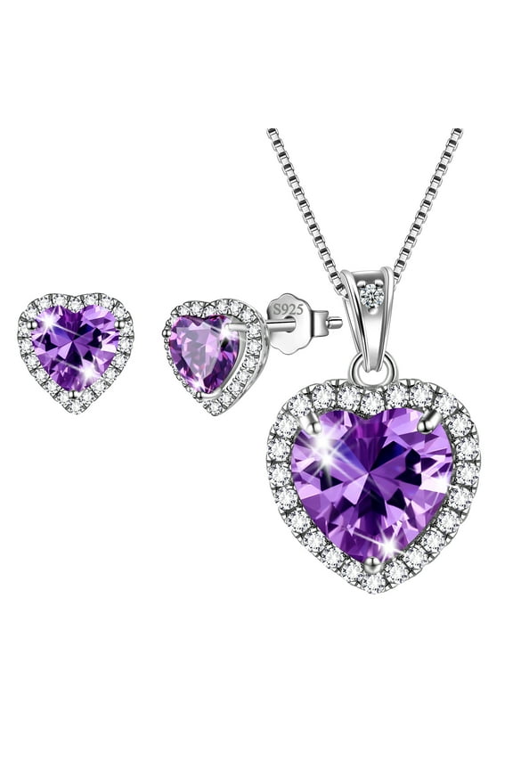 Purple Heart Women Jewelry Sets Amethyst February Birthstone Pendant Necklace Earrings Fine 925 Sterling Silver Christmas Birthday Mother's Day Gift