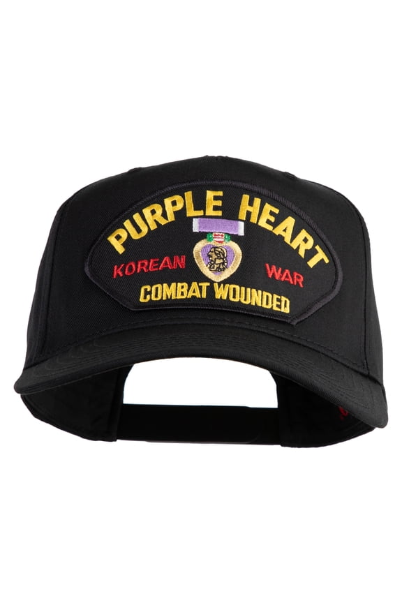 Purple Heart Korean War Combat Wounded Patched Solid Cotton Twill 5 Panel Prostyle Snap Cap - Black OSFM