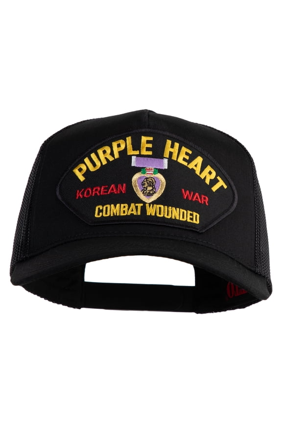 Purple Heart Korean War Combat Wounded Patched Solid Cotton Twill 5 panel Mesh Back Cap - Black OSFM
