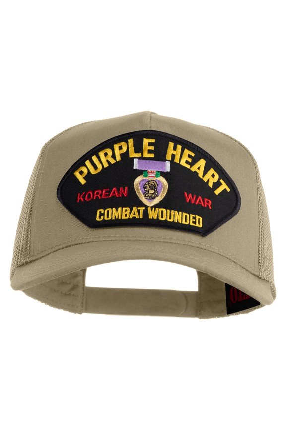 Purple Heart Korean War Combat Wounded Patched Solid Cotton Twill 5 panel Mesh Back Cap - Khaki OSFM