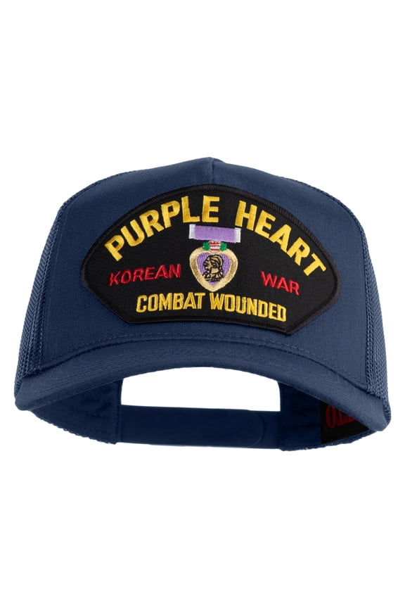 Purple Heart Korean War Combat Wounded Patched Solid Cotton Twill 5 panel Mesh Back Cap - Navy OSFM
