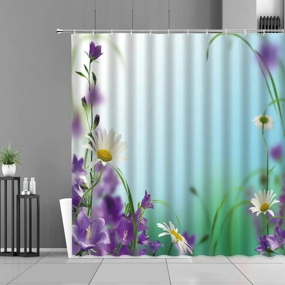Purple Heart Maple Trees Fallen Leaves Shower Curtain Lavender Plant Bridge Spring Scenery Bathroom Decor Waterproof Curtains