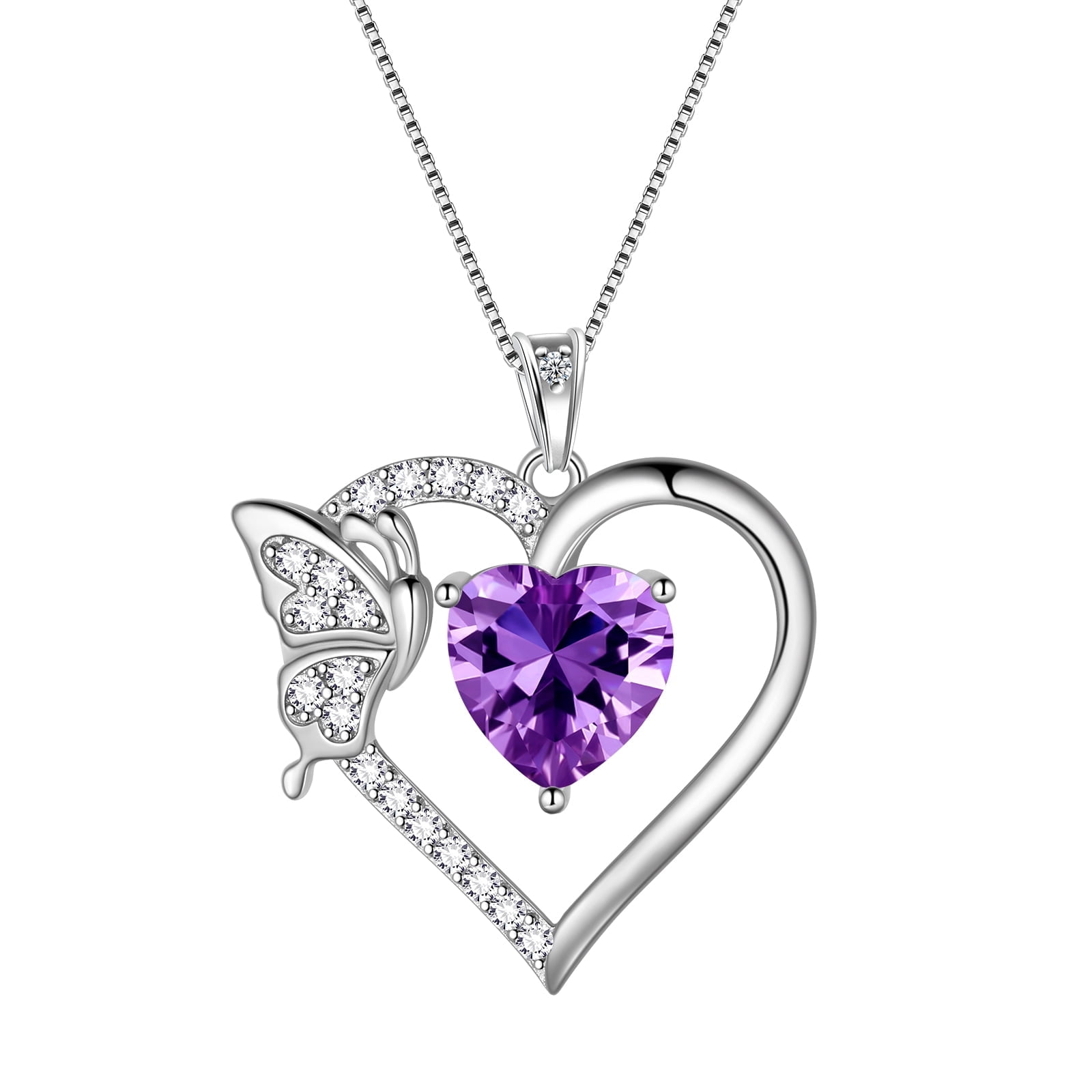 Purple Heart Necklace Butterfly February Birthstone Necklace Amethyst CZ 925 Sterling Silver Pendant Jewelry Women Birthday Valentine's Day Gift
