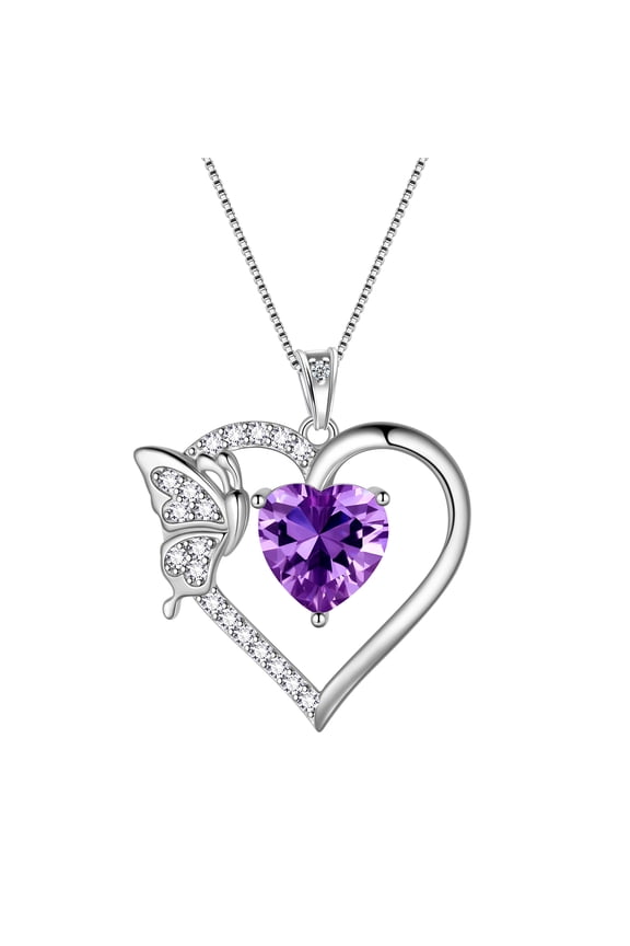 Purple Heart Necklace Butterfly February Birthstone Necklace Amethyst CZ 925 Sterling Silver Pendant Jewelry Women Birthday Valentine's Day Gift
