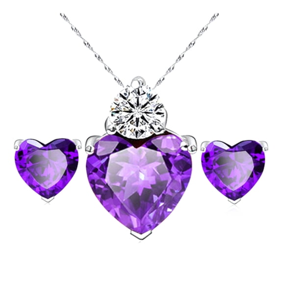Purple Heart Necklace and Earring Rhinestone Crystal Set Anti-Tarnish Silvertone Plated Jewelry J-88-P