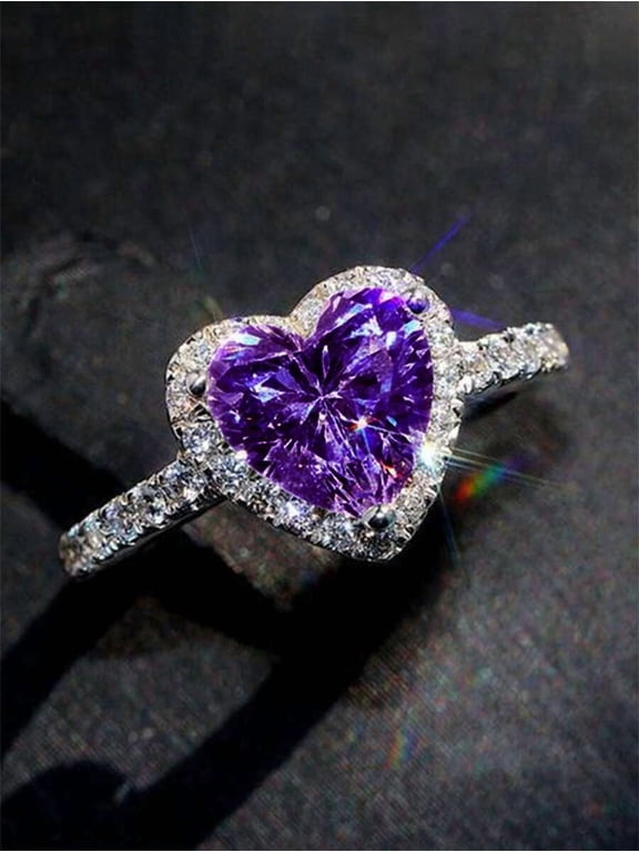 Purple Heart-Shaped Cubic Zirconia Ring For Women, Elegant Valentines Or Anniversary Gift