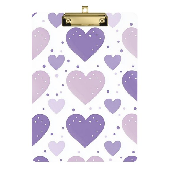 Purple Hearts Dots Acrylic Clipboard Drawing Board with Hook Writing Pad File Storage A4 Size Gold 12.5" x 9"