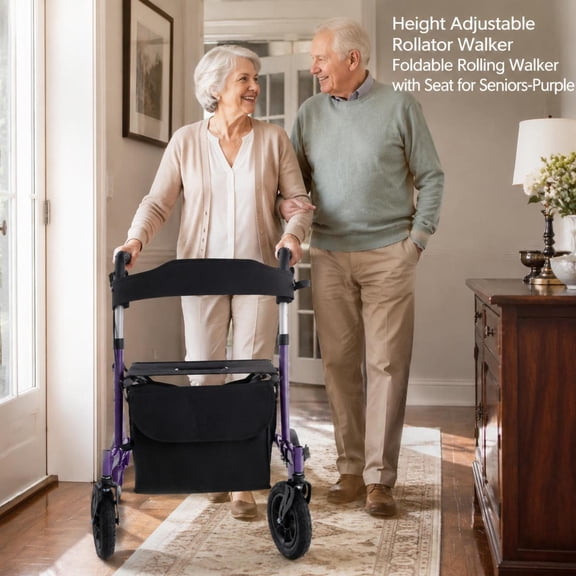Purple Height Adjustable Rollator Walker with Seat, Foldable Walking Aid, Large Storage Bag, Hand Brakes, All Terrain Pneumatic Wheels