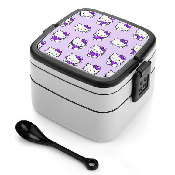 Purple Hello Kitty 6985 Reusable Bento Boxes Lunch Box Double Layer Stackable Leakproof Lunch Container with Spoon and Carrying Handle for Work Camping Picnic Travel