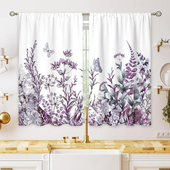 Purple Herbs Wildflower Small Kitchen Curtains Botanical Leaves Floral Butterfly Treatment Flower Cafe Short Window Curtains for Bathroom Dining Room Tier Treatment Drapes 27.5x39 inch