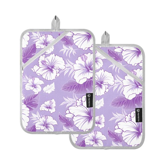 Purple Hibiscus Pattern Pot Holder Set 2 Piece Non-Slip Oven Hot Pads Heat Resistant Durable 7x9.8in
