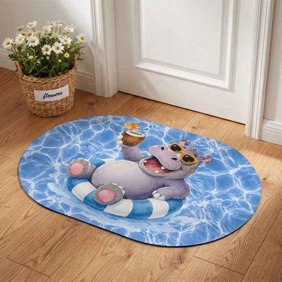 Purple Hippo Diatomaceous Earth Bath Mat, Modern Playful Blue Swimming Pool Inner Tube Oval Non-Slip Quick Dry Door Mat Super Absorbent Bath Rug for Bathroom Kitchen Laundry 16x24in