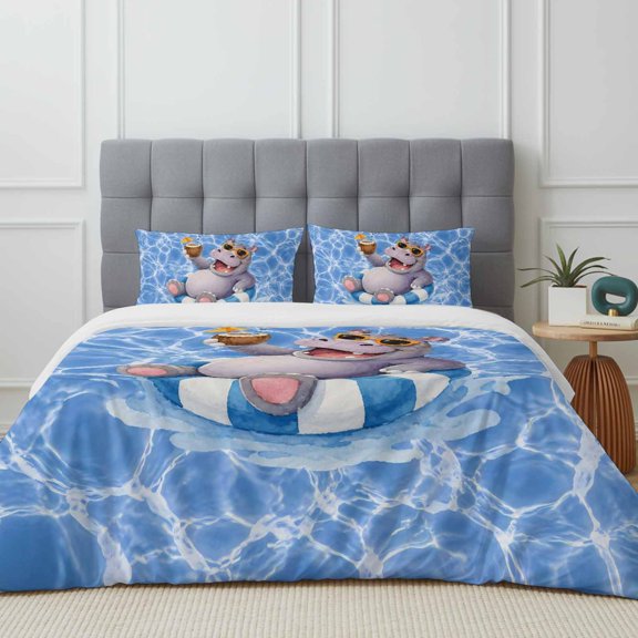 Purple Hippo Duvet Cover Set Cal King Size, Modern Playful Animal Blue Swimming Pool Inner Tube 4 Piece Soft Microfiber Bedding Set with Zipper Closure, 1 Comforter Cover, 1 Flat Sheet, 2 Pillowcases
