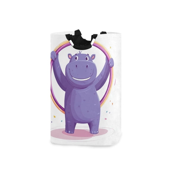 Purple Hippopotamus Plays Hula Hoop Laundry Basket with Handles Foldable Laundry Hamper Freestanding Washing Bin 50L