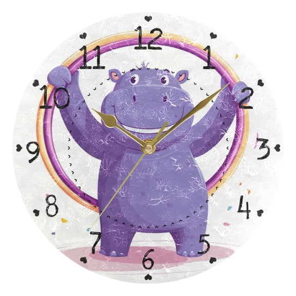 Purple Hippopotamus Plays Hula Hoop Round Wall Clock Silent Analog Battery Operated Gold Pointer Home Decor 9.84" Diameter