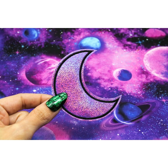 Purple Holographic Glitter Crescent Moon Vinyl Iron On Embroidered Patch