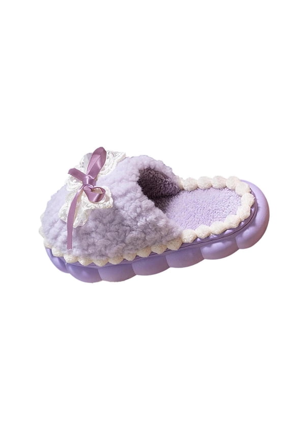 Purple Home Slippers For Women With Bow-Knotted Design Flat Sole Casual Winter Outerwear Comfortable