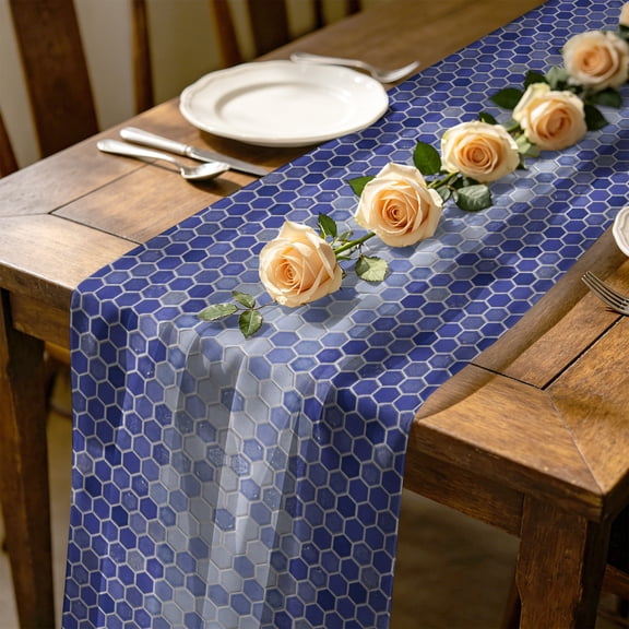 Purple Honeycomb Plaid 4.5 ft Cheesecloth Table Runner for Wedding 19"x55", Modern Abstract Geometric Classic Checkered Kitchen Dinner Sheer Tulle Chiffon Dresser Scarf, Holiday Party Decorations