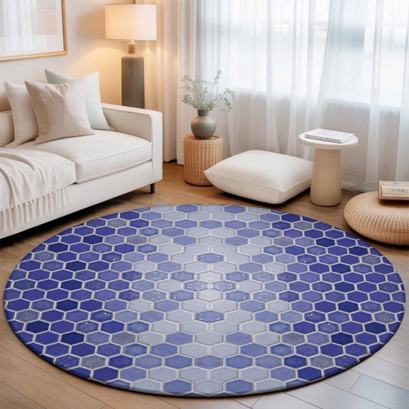 Purple Honeycomb Plaid Small Round Rug 3Ft Modern Abstract Geometric Classic Checkered Area Rugs Washable Non Slip Indoor Floor Mats Circle Carpet for Living Room Bedroom Dining Room Home Decor