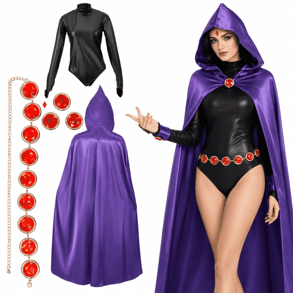 Purple Hooded Cloak Cosplay Costume Belt Jumpsuit for Women Halloween