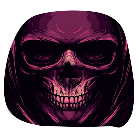 Purple Hooded Skull Headrest Covers, Scary Face Printing Auto Seat Universal Elastic Models Headrest Protector with Glowing-Eye Effects Cover Funny Decoration for Car Interior Vehicle Truck SUV