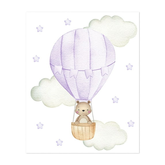 Purple Hot Air Balloon, Bear, Forest Animals, Woodland Animals, Gender Neutral Nursery - Illustration Hot Air Balloon Watercolor Whimsical Animal Stars Unframed Wall Art Print 20 x 24 inches