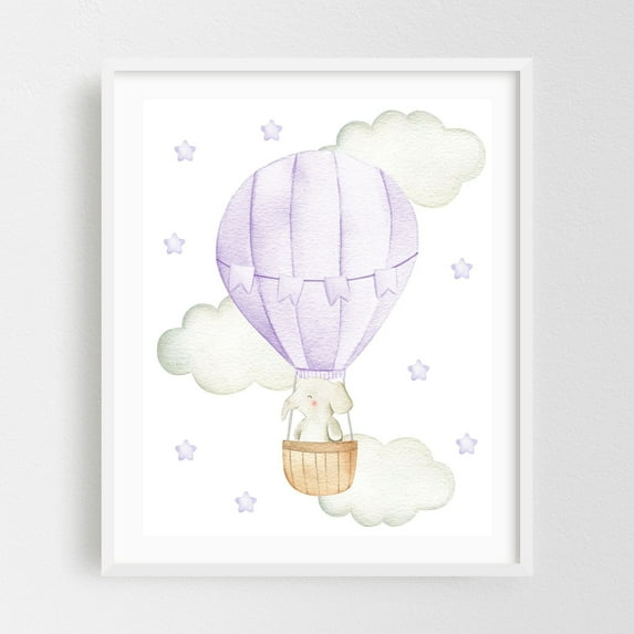 Purple Hot Air Balloon, Elephant, Safari Animals, Jungle Animals, Gender Neutral Nursery - Illustration Watercolor Hot Air Balloon Whimsical Animal White Framed Wall Art Print 16 x 20 inches