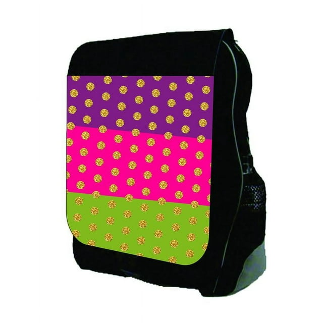 Purple, Hot Pink, Lime Colorblocked Stripes with Gold Polka Dots  - Black School Backpack