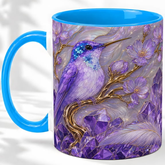 Purple Hummingbird Accent Mug, 11oz Ceramic Coffee Cup for Bird Lovers