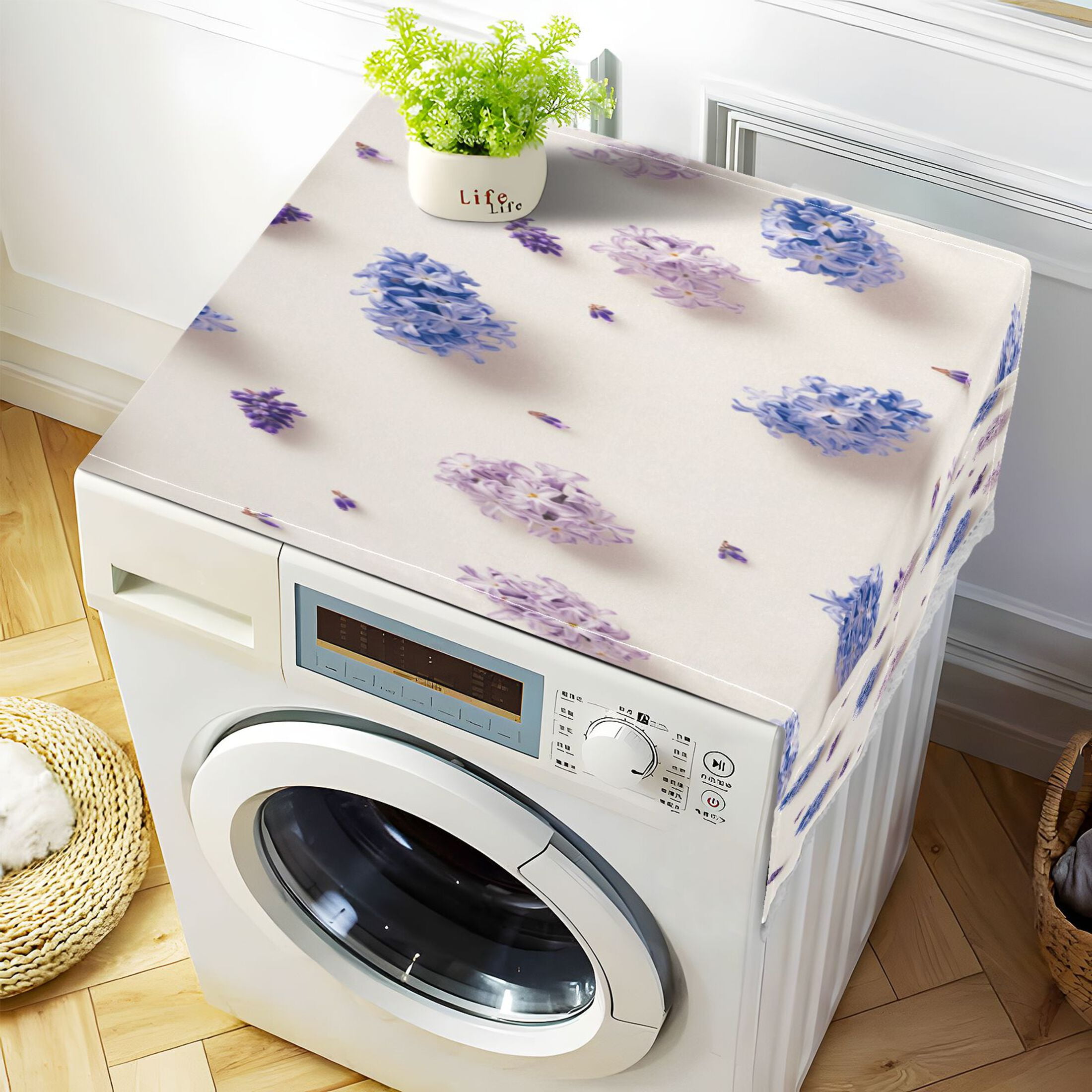 Purple Hyacinth FlowersWasher and Dryer Covers Dust-Proof and Oil Resistant Fridge Cover with 4 Storage Pockets Washing Machine Top Cover for Laundry Kitchen Home 51.2 x 22 In