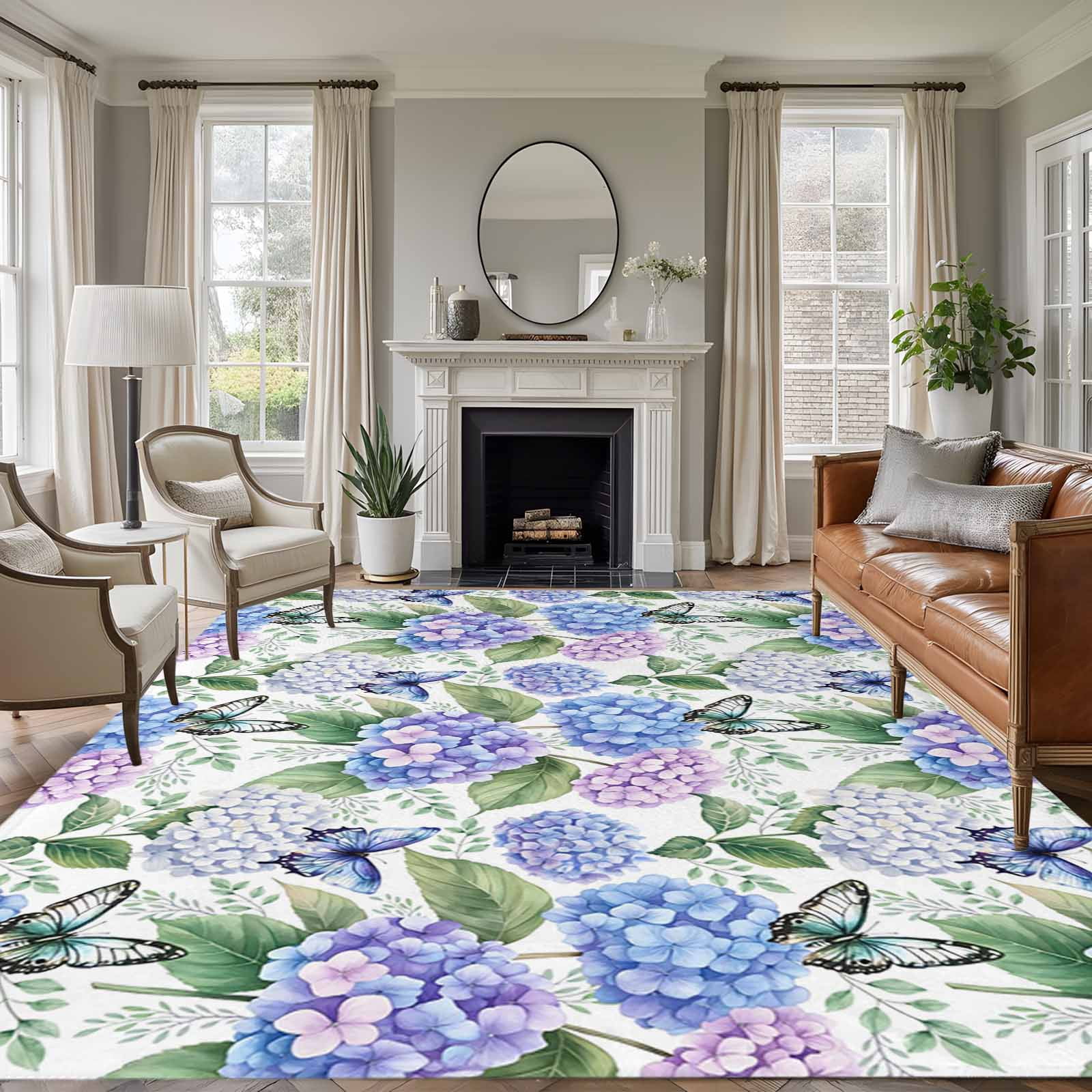 Purple Hydrangea Area Rug 8x10 Washable Rug Non Slip Spring Floral ...