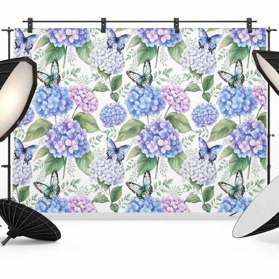 Purple Hydrangea Backdrop for Photography,Fabric Photo Background Backdrop,Spring Floral Elegant Pastoral Butterflies Photo Booth Background for Portrait Photoshoot Video Wedding Studio Banner 7x5ft