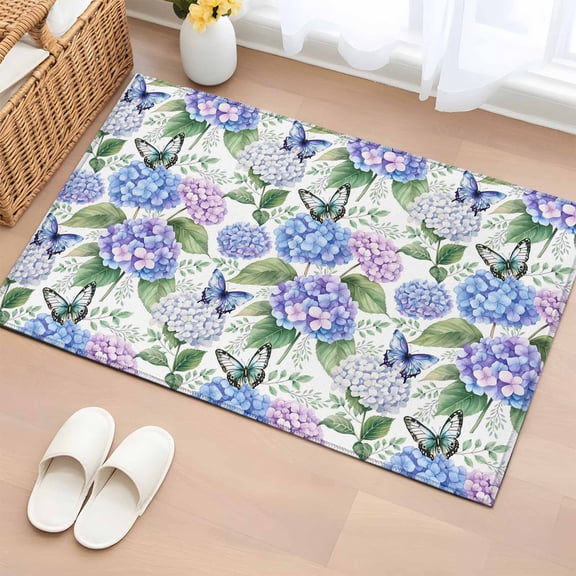 Purple Hydrangea Bathroom Rug Washable 2x3 Entryway Rug Non Slip Spring Floral Elegant Pastoral Butterflies Front Door Mat Low Pile Indoor Doormat Throw Floor Carpet for Kitchen Bedroom Entrance