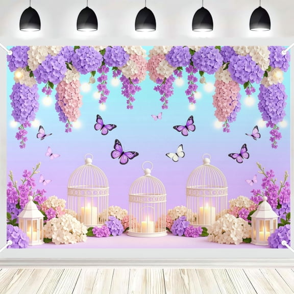 Purple Hydrangea Butterfly Birdcage Floral Photography Backdrop, Hanging Flower String Light Photo Background for Wedding Party Portrait Decor 5x7ft