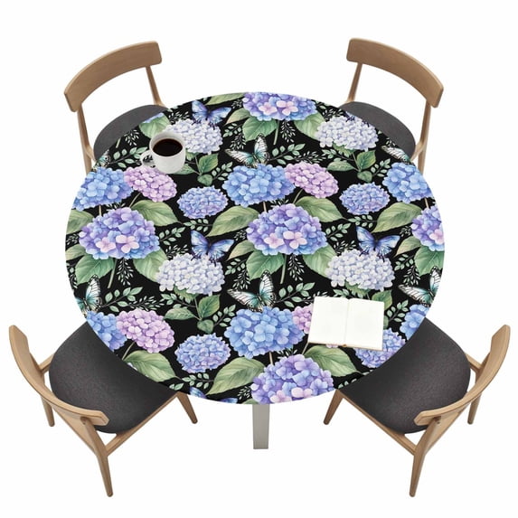 Purple Hydrangea Fitted Tablecloth with Elastic Edged, Round Table Cloth for Dining Table, Spring Floral Elegant Pastoral Flowers Waterproof Oil Proof Table Cover for Indoor Outdoor 45"-54"