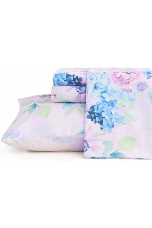 Purple Hydrangea Floral Sheet Set King Size, 4 Piece Printed Microfiber Bed Sheets Deep Pocket