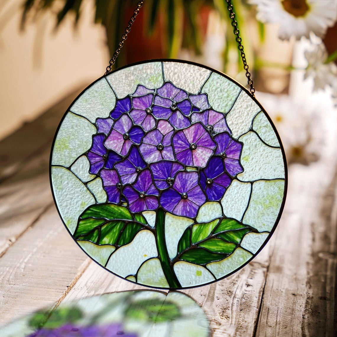 Hydrangea Window Display Purple Hydrangea Flower Glass Suncatcher, Window Decor for Mom, 3.5 in ...