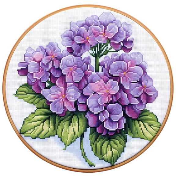 Purple Hydrangea Flowers Stamped Cross Stitch Kits for Beginners Easy with Hoop 11CT Needlepoint Embroidery DIY Counted Cross Stitch Kits Art Craft Wall Decoration 35x35cm(1)