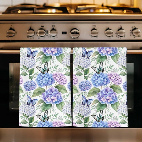 Purple Hydrangea Kitchen Towels Set of 1, Spring Floral Elegant Pastoral Butterflies Absorbent Dish Towels for Kitchen, Microfiber Hand Towel, Quick Drying Tea Towel for Cleaning Dishcloths