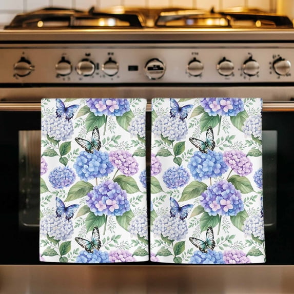 Purple Hydrangea Kitchen Towels Set of 4, Spring Floral Elegant Pastoral Butterflies Absorbent Dish Towels for Kitchen, Microfiber Hand Towel, Quick Drying Tea Towel for Cleaning Dishcloths