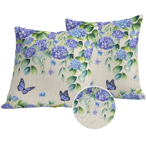 Purple Hydrangea Outdoor Pillow Covers 16x16 Set of 2,Waterproof Patio Throw Pillowcase Protectors,Spring Eucalyptus Butterfly Rustic Burlap Decorative Pillow Shams Cushion Covers for Seat Bed Couch