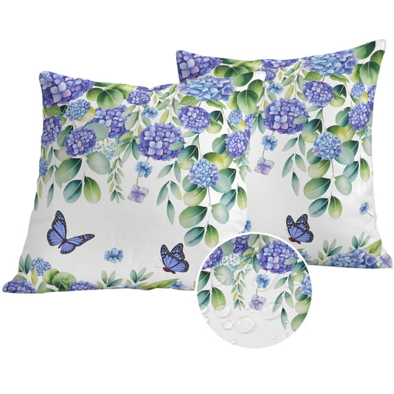 Purple Hydrangea Outdoor Pillow Covers 20x20 Set of 2,Waterproof Patio Throw Pillowcase Protectors,Spring Eucalyptus Butterfly Pastoral Decorative Pillow Shams Cushion Covers for Seat Bed Couch Sofa