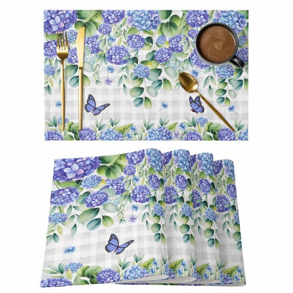 Purple Hydrangea Placemats Set of 4, Spring Eucalyptus Butterfly Grey Plaid Placemats for Dining Table, Place Mats for Kitchen Tabletop, Waterproof Wipeable Dining Table Mats Set