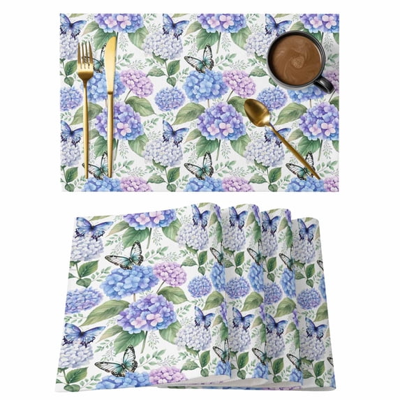 Purple Hydrangea Placemats Set of 4, Spring Floral Elegant Pastoral Butterflies Placemats for Dining Table, Place Mats for Kitchen Tabletop, Waterproof Wipeable Dining Table Mats Set