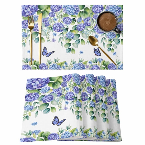 Purple Hydrangea Placemats Set of 6, Spring Eucalyptus Butterfly Pastoral Placemats for Dining Table, Place Mats for Kitchen Tabletop, Waterproof Wipeable Dining Table Mats Set