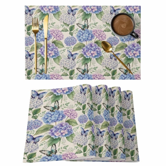 Purple Hydrangea Placemats Set of 6, Spring Floral Elegant Pastoral Watercolor Placemats for Dining Table, Place Mats for Kitchen Tabletop, Waterproof Wipeable Dining Table Mats Set