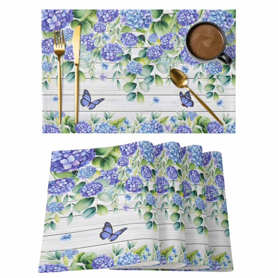 Purple Hydrangea Placemats Set of 8, Spring Eucalyptus Butterfly Grey Wooden Placemats for Dining Table, Place Mats for Kitchen Tabletop, Waterproof Wipeable Dining Table Mats Set